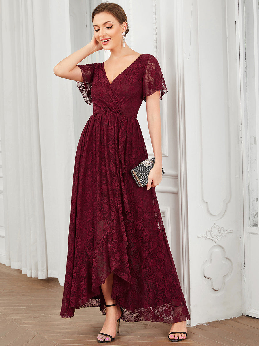 Color=Burgundy | Deep V Neck Short See Through Sleeves A Line Wholesale Evening Dresses-Burgundy 1
