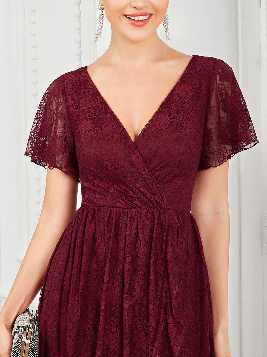 Color=Burgundy | Deep V Neck Short See Through Sleeves A Line Wholesale Evening Dresses-Burgundy 4
