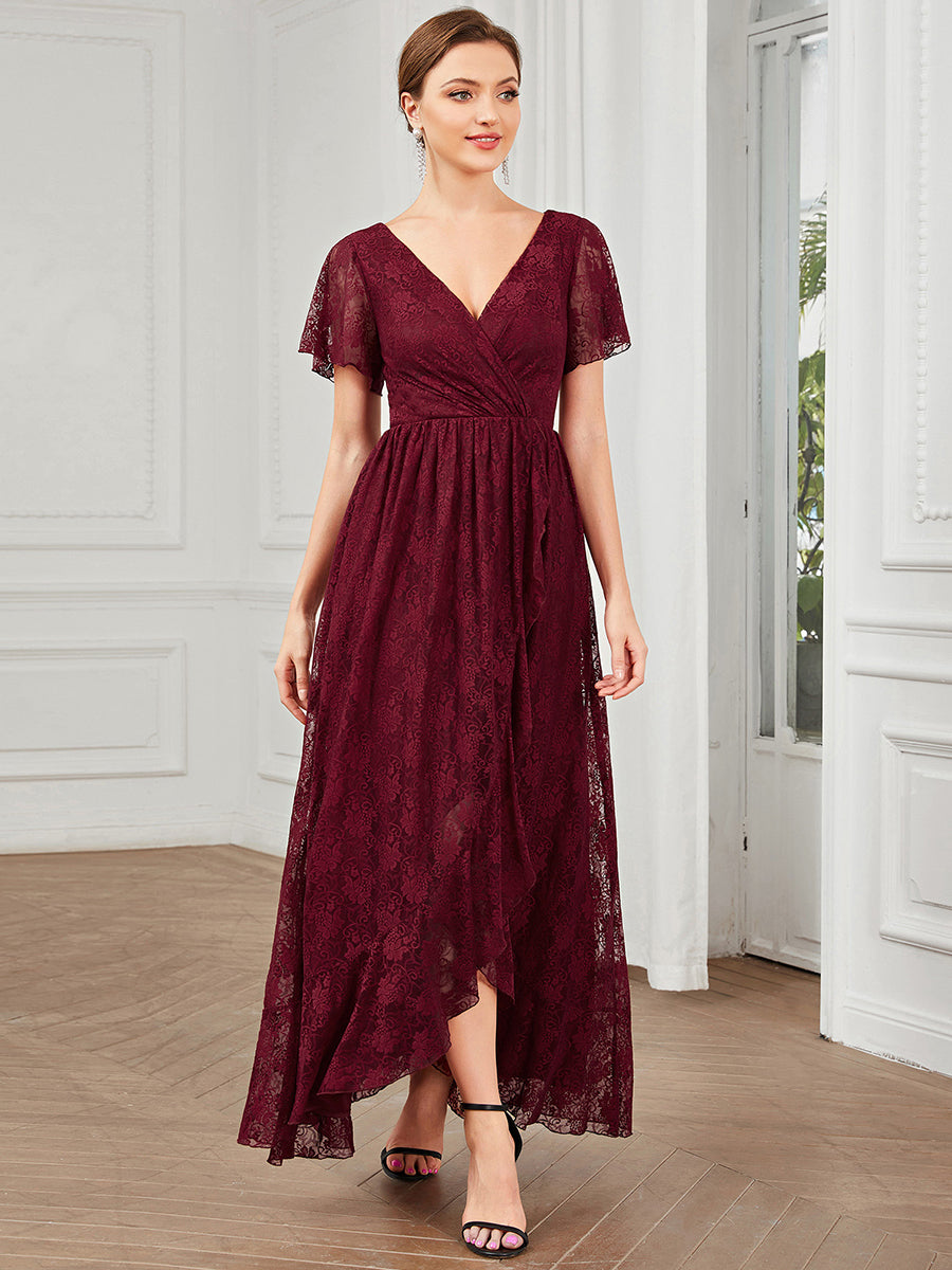 Color=Burgundy | Deep V Neck Short See Through Sleeves A Line Wholesale Evening Dresses-Burgundy 2