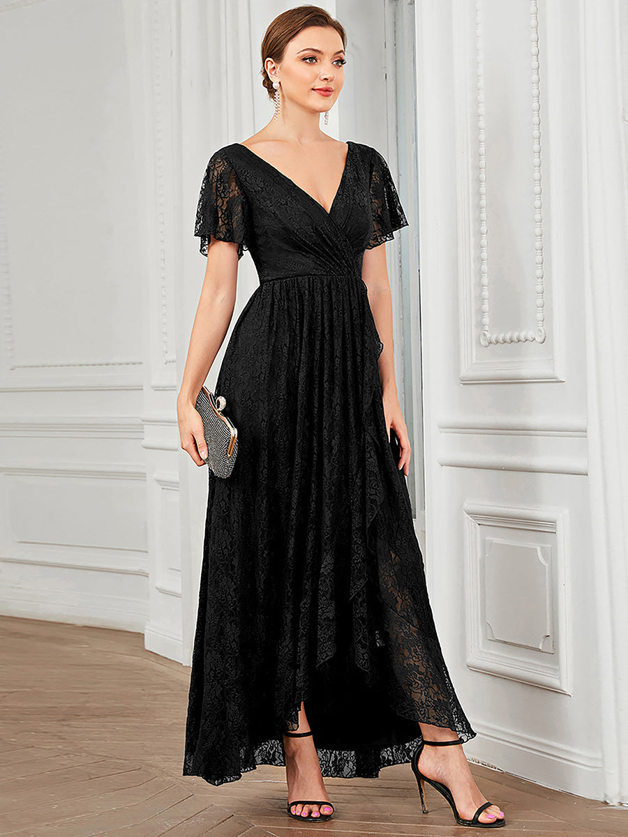 Color=Black | Deep V Neck Short See Through Sleeves A Line Wholesale Evening Dresses-Black 1