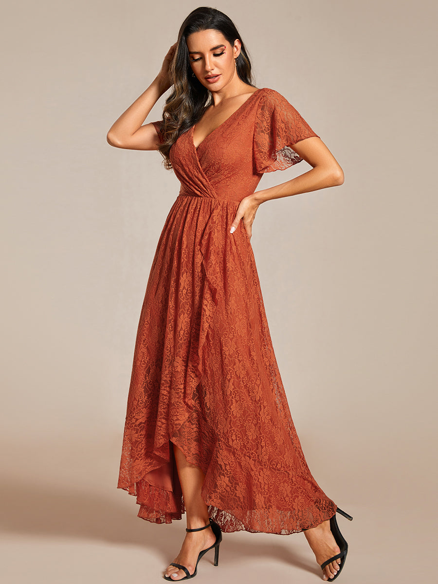 Color=Burnt Orange | Deep V Neck Short See Through Sleeves A Line Wholesale Evening Dresses-Burnt Orange 3