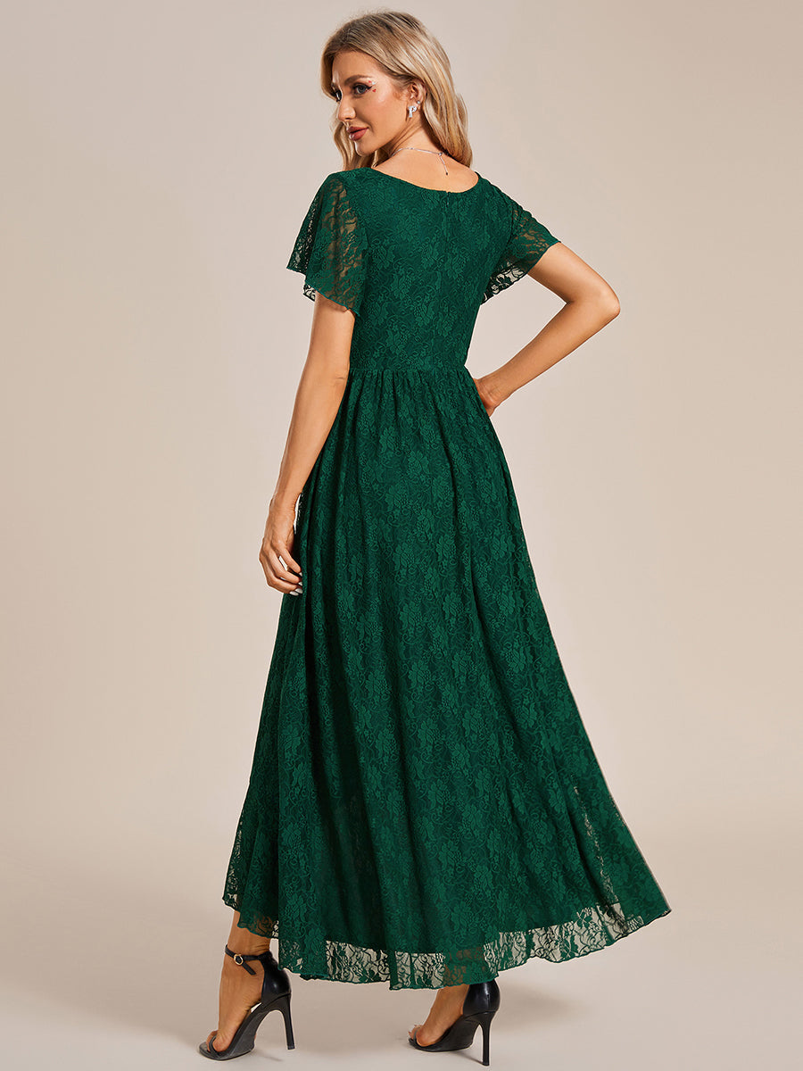 Color=Dark Green | Deep V Neck Short See Through Sleeves A Line Wholesale Evening Dresses-Dark Green 3