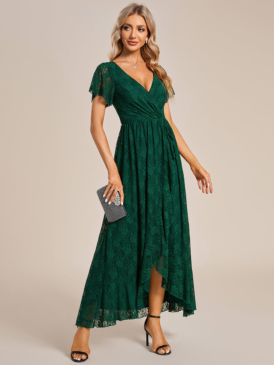 Color=Dark Green | Deep V Neck Short See Through Sleeves A Line Wholesale Evening Dresses-Dark Green 1