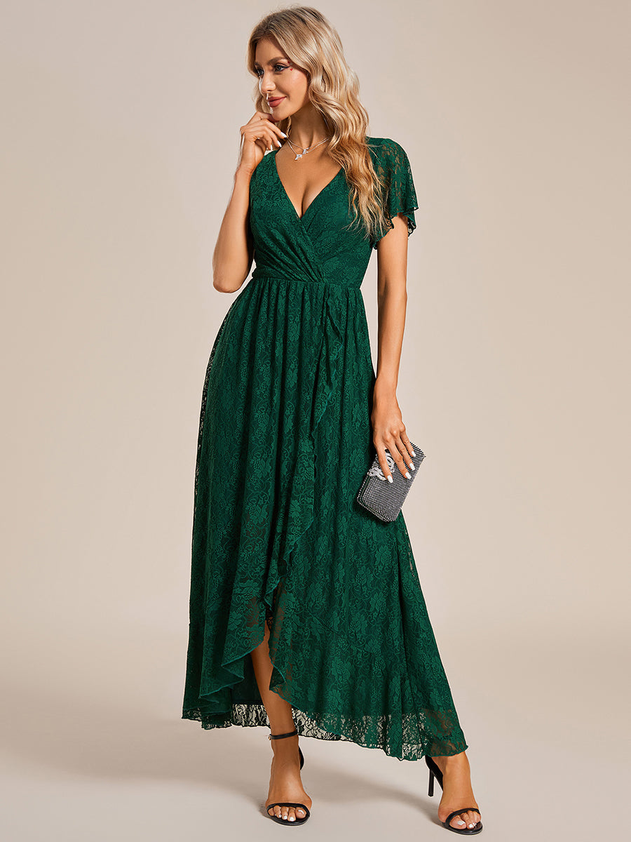 Color=Dark Green | Deep V Neck Short See Through Sleeves A Line Wholesale Evening Dresses-Dark Green 4