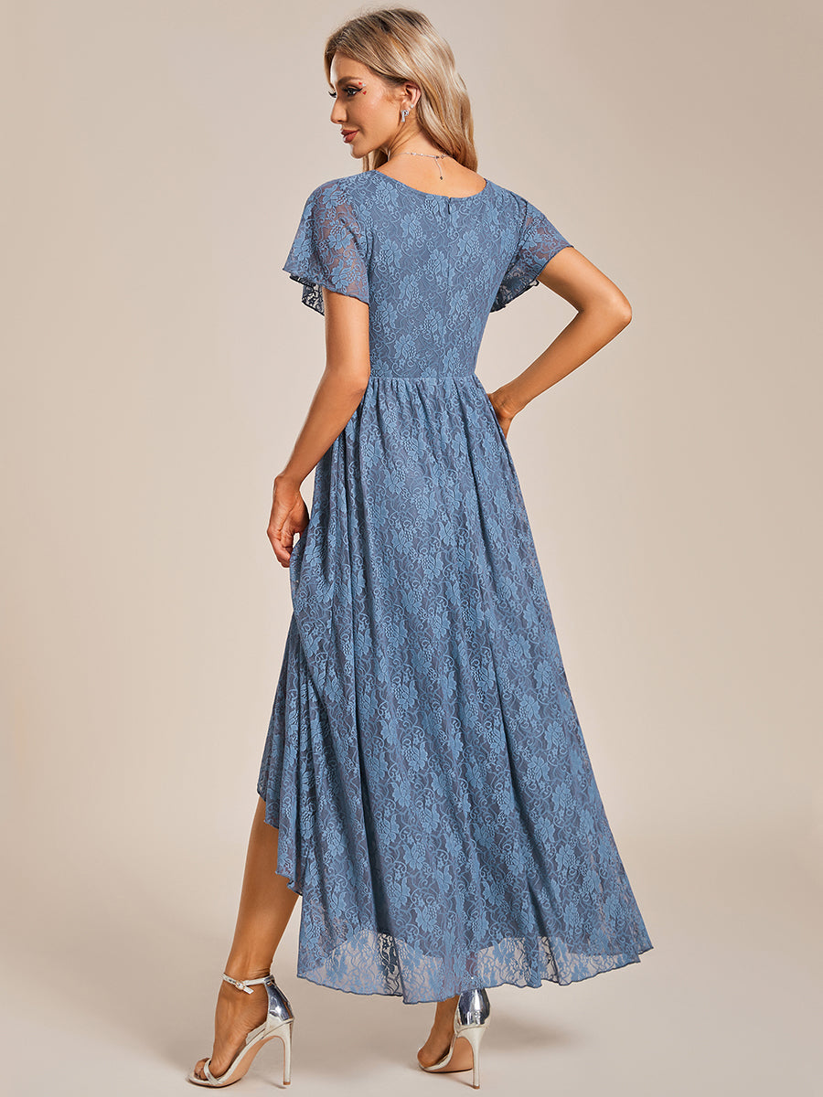 Color=Dusty Blue | Deep V Neck Short See Through Sleeves A Line Wholesale Evening Dresses-Dusty Blue 4
