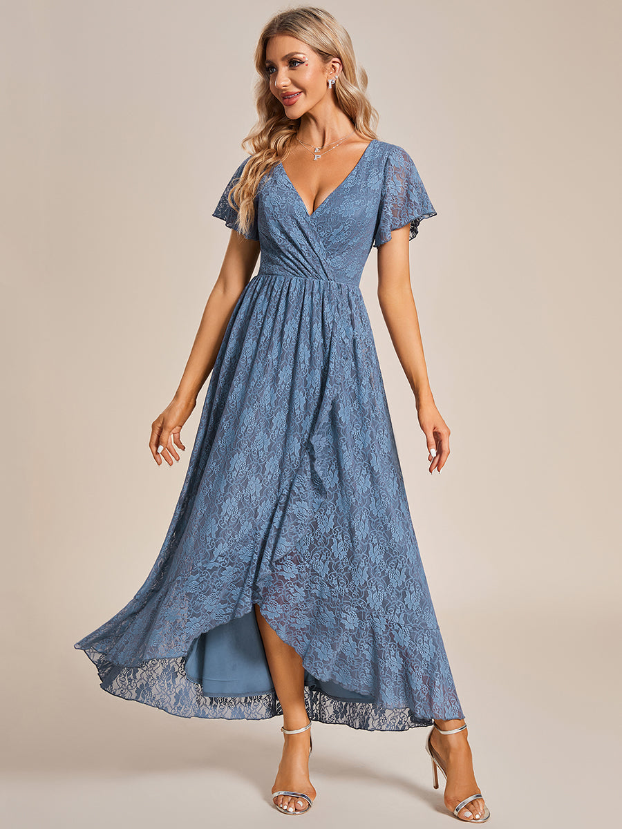 Color=Dusty Blue | Deep V Neck Short See Through Sleeves A Line Wholesale Evening Dresses-Dusty Blue 5