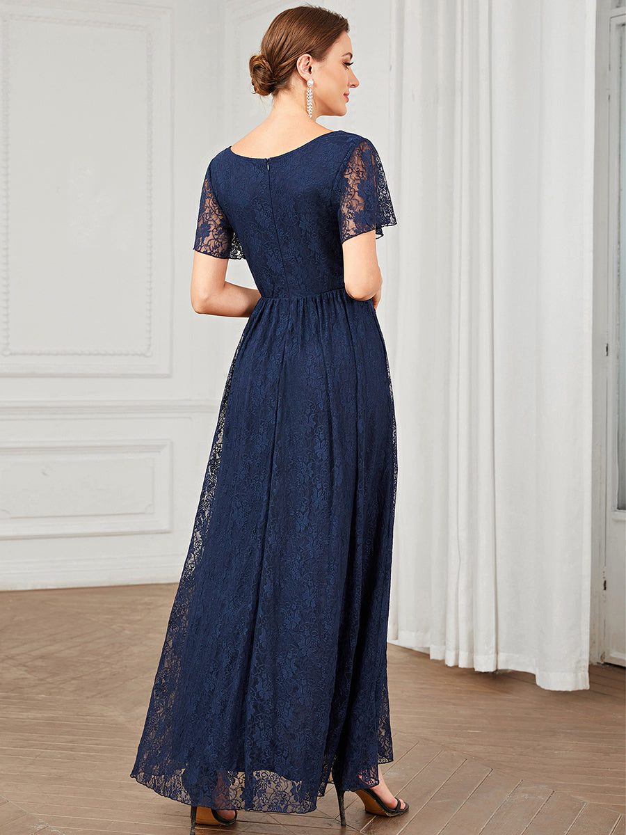 Color=Navy Blue | Deep V Neck Short See Through Sleeves A Line Wholesale Evening Dresses-Navy Blue 2