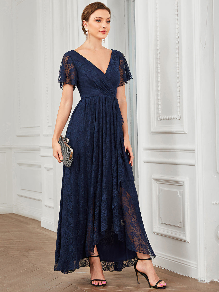 Color=Navy Blue | Deep V Neck Short See Through Sleeves A Line Wholesale Evening Dresses-Navy Blue 1
