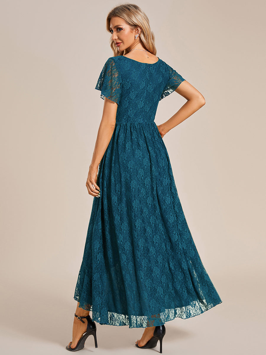 Color=Teal | Deep V Neck Short See Through Sleeves A Line Wholesale Evening Dresses-Teal 2