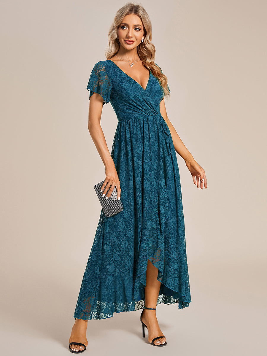 Color=Teal | Deep V Neck Short See Through Sleeves A Line Wholesale Evening Dresses-Teal 3