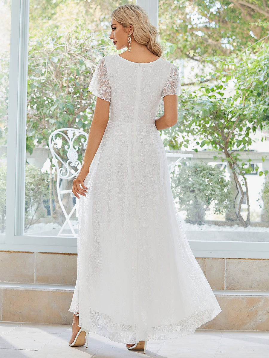 Color=White | Deep V Neck Short See Through Sleeves A Line Wholesale Evening Dresses-White 2
