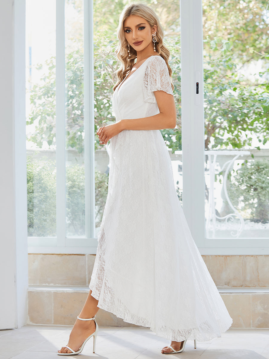 Color=White | Deep V Neck Short See Through Sleeves A Line Wholesale Evening Dresses-White 3
