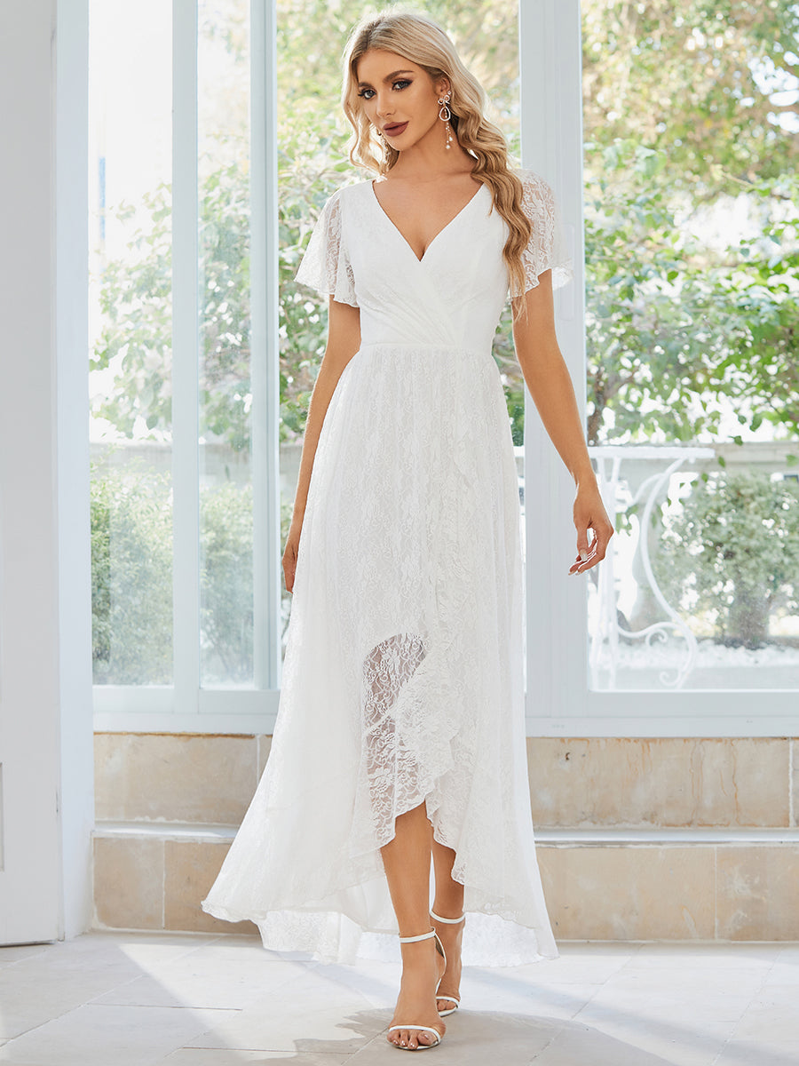 Color=White | Deep V Neck Short See Through Sleeves A Line Wholesale Evening Dresses-White 1
