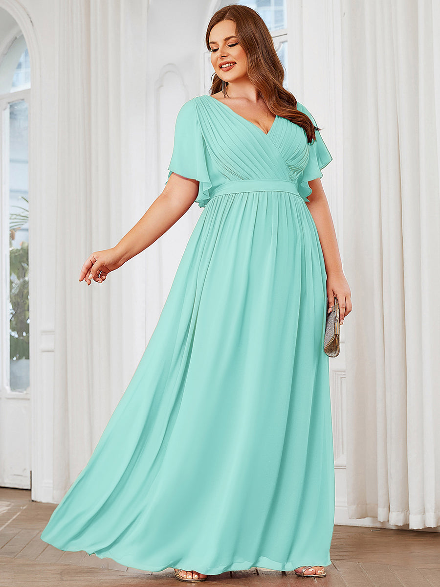 Color=Pastel blue | Bulk Order Short Sleeve Ruffle Deep V-Neck A-Line Floor Length Evening Dresses-Pastel blue 9
