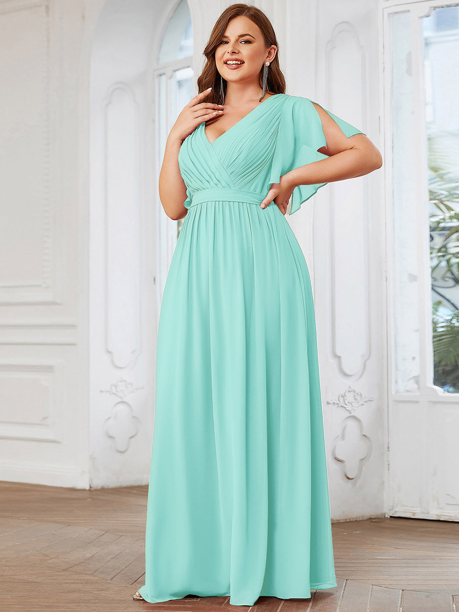 Color=Pastel blue | Bulk Order Short Sleeve Ruffle Deep V-Neck A-Line Floor Length Evening Dresses-Pastel blue 10