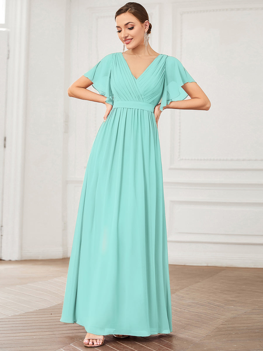 Color=Pastel blue | Bulk Order Short Sleeve Ruffle Deep V-Neck A-Line Floor Length Evening Dresses-Pastel blue 1