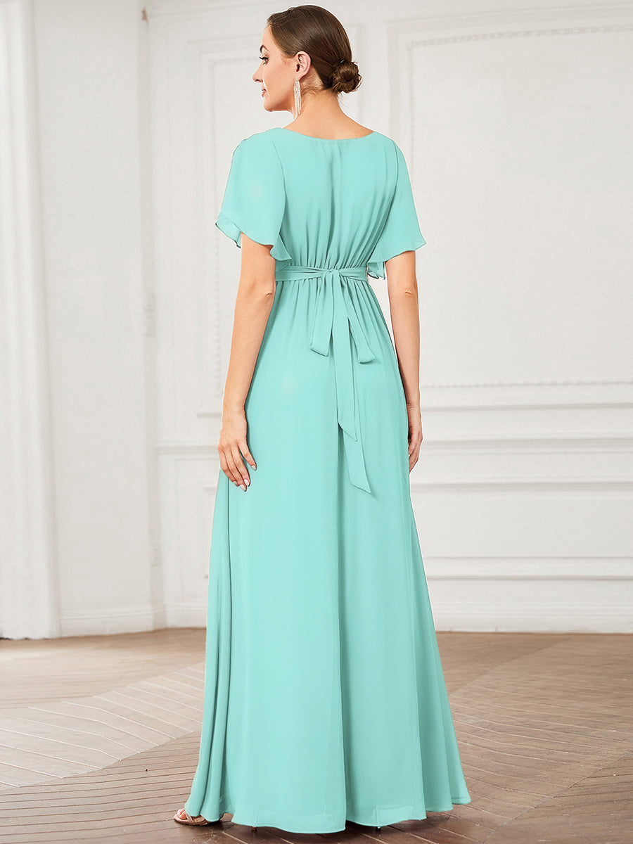 Color=Pastel blue | Bulk Order Short Sleeve Ruffle Deep V-Neck A-Line Floor Length Evening Dresses-Pastel blue 2