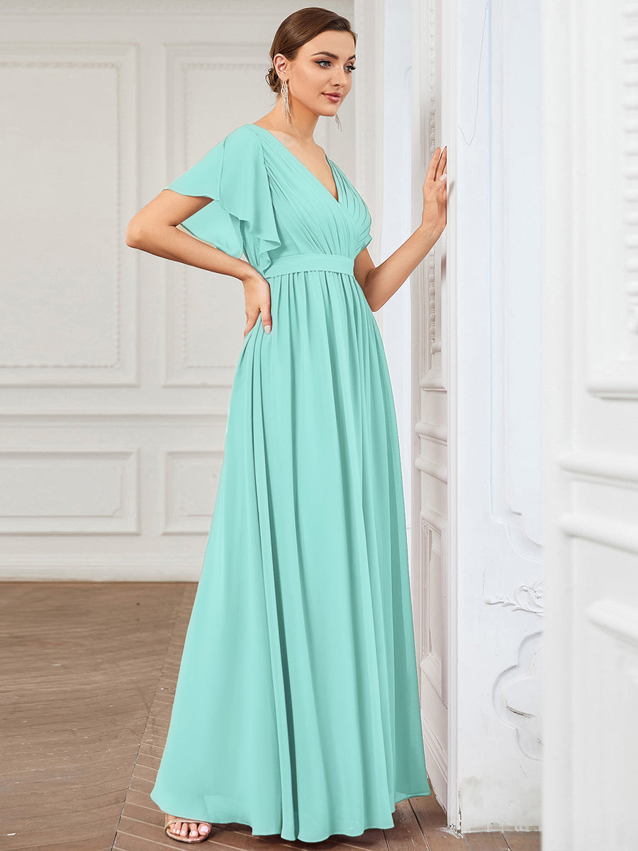 Color=Pastel blue | Bulk Order Short Sleeve Ruffle Deep V-Neck A-Line Floor Length Evening Dresses-Pastel blue 5