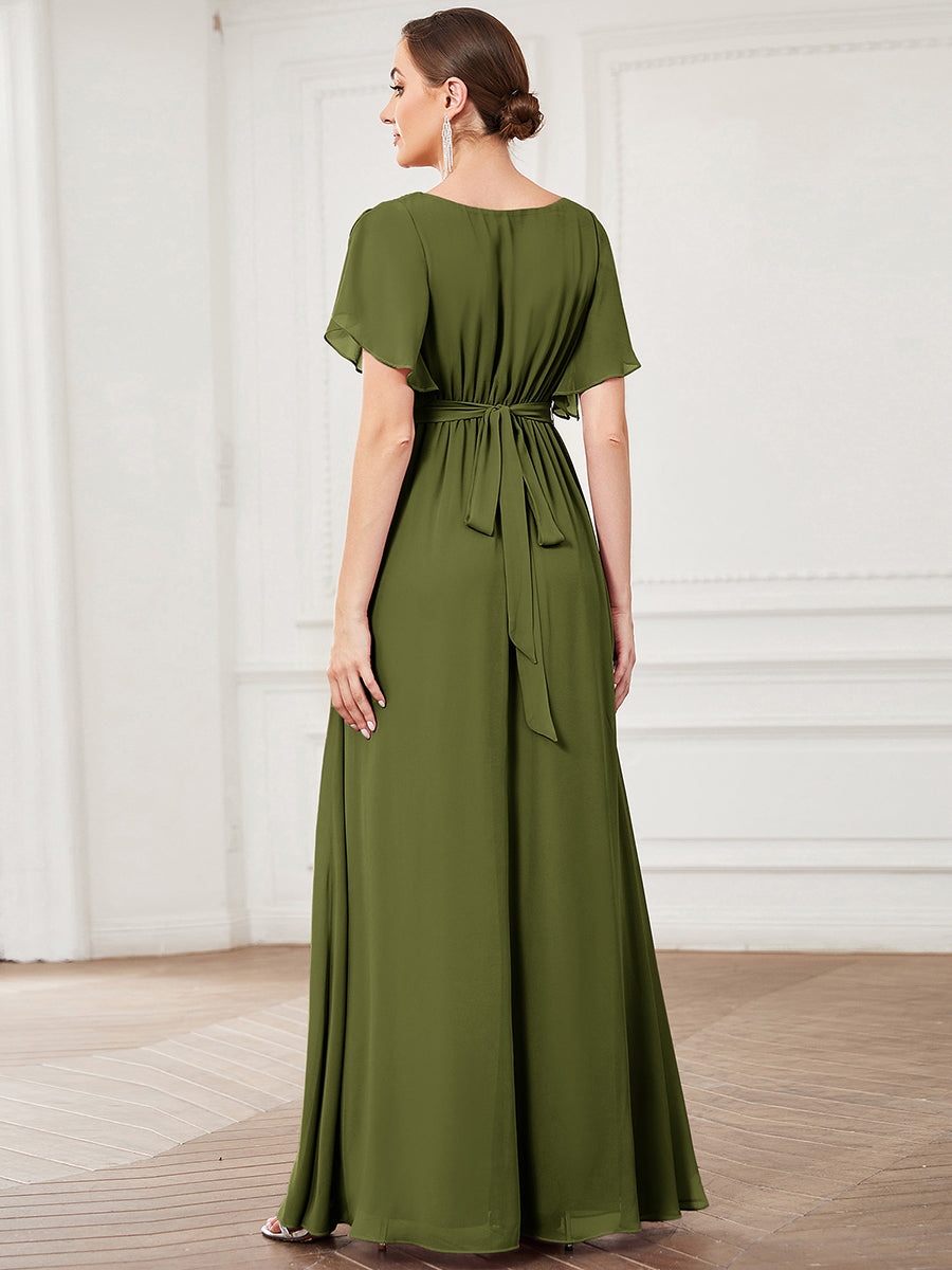 Color=Olive Green | Bulk Order Short Sleeve Ruffle Deep V-Neck A-Line Floor Length Evening Dresses-Olive Green 2