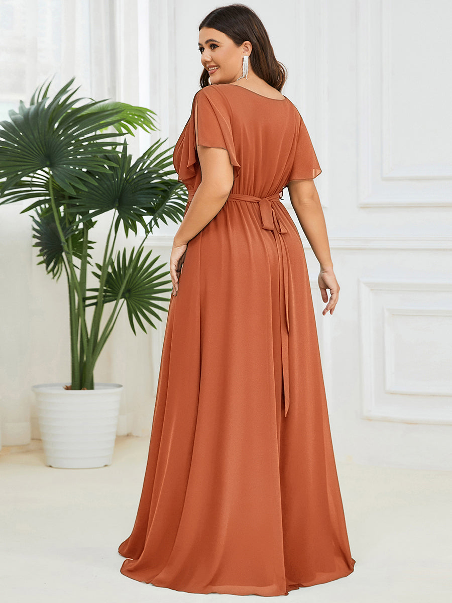 Color=Brandied Melon | Volume Discounts Short Sleeve Ruffle Deep V-Neck A-Line Floor Length Evening Dresses-Brandied Melon 7