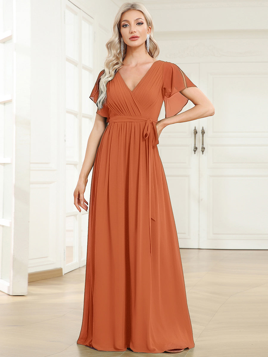 Color=Brandied Melon | Volume Discounts Short Sleeve Ruffle Deep V-Neck A-Line Floor Length Evening Dresses-Brandied Melon 1