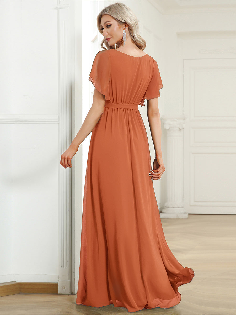 Color=Brandied Melon | Volume Discounts Short Sleeve Ruffle Deep V-Neck A-Line Floor Length Evening Dresses-Brandied Melon 2