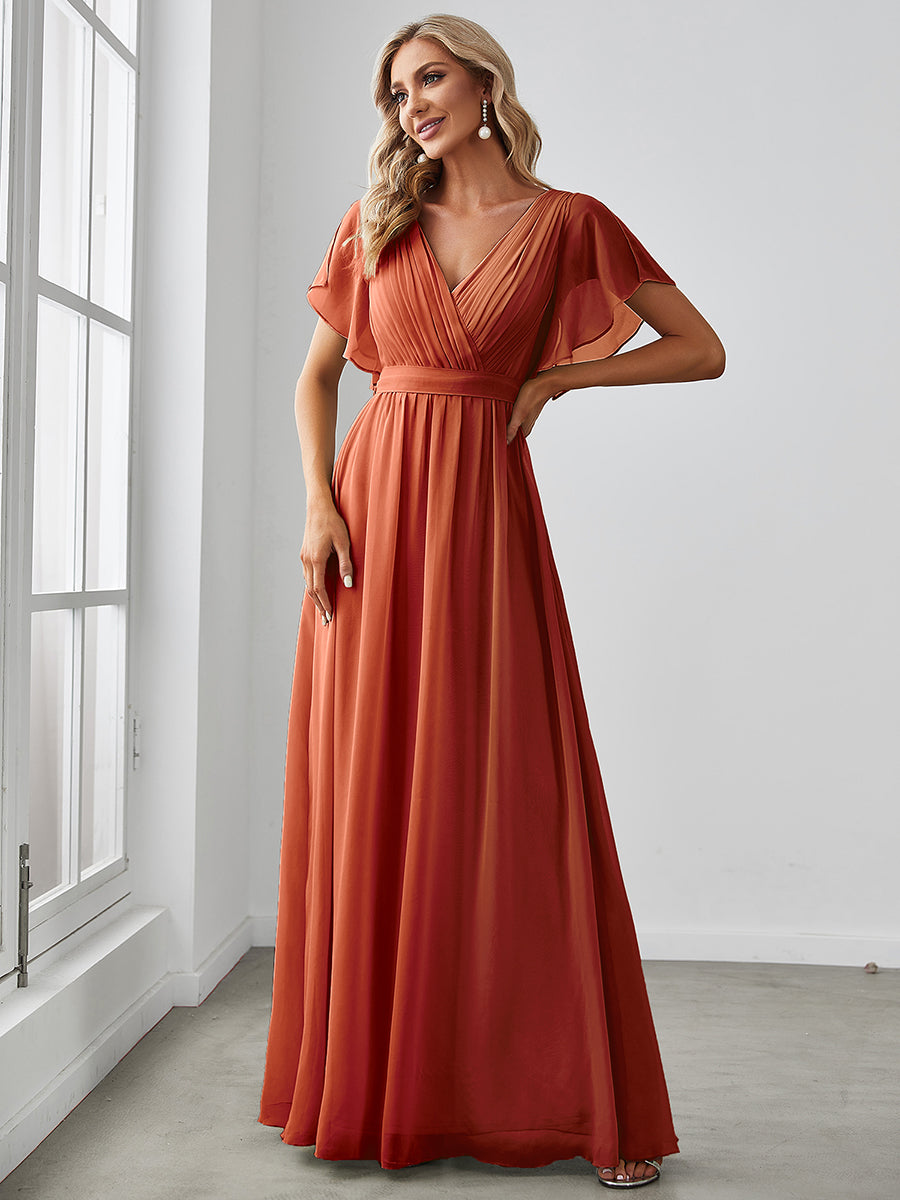Custom Size A Line Wholesale Bridesmaid Dresses with Deep V Neck Ruffles Sleeves