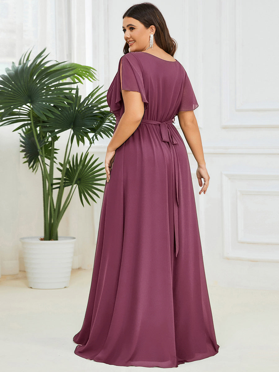 Color=Damson | Volume Discounts Short Sleeve Ruffle Deep V-Neck A-Line Floor Length Evening Dresses-Damson 17