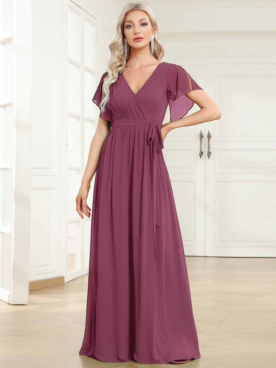 Color=Damson | Volume Discounts Short Sleeve Ruffle Deep V-Neck A-Line Floor Length Evening Dresses-Damson 11