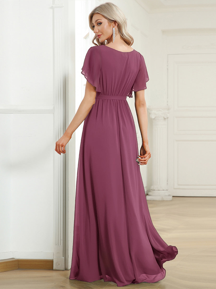 Color=Damson | Volume Discounts Short Sleeve Ruffle Deep V-Neck A-Line Floor Length Evening Dresses-Damson 12