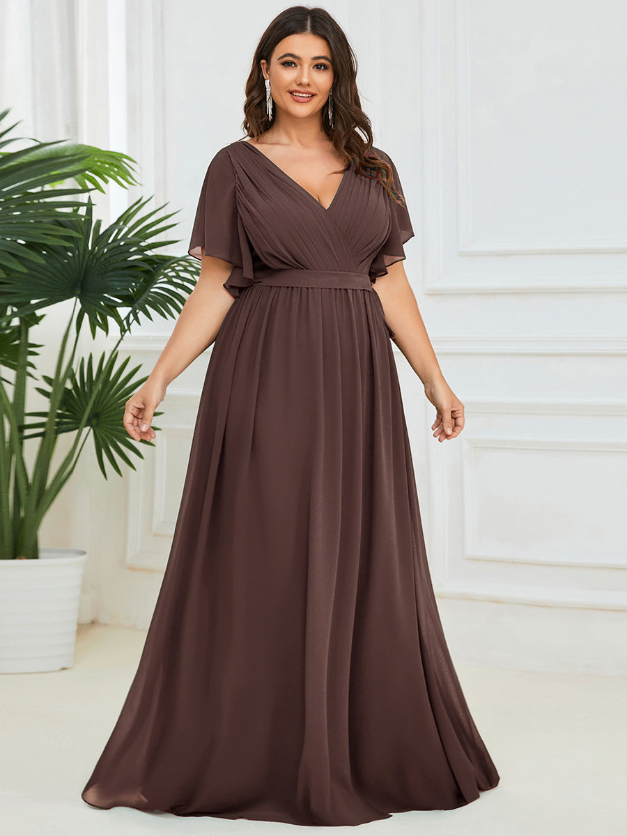 Color=Espresso | Volume Discounts Short Sleeve Ruffle Deep V-Neck A-Line Floor Length Evening Dresses-Espresso 30