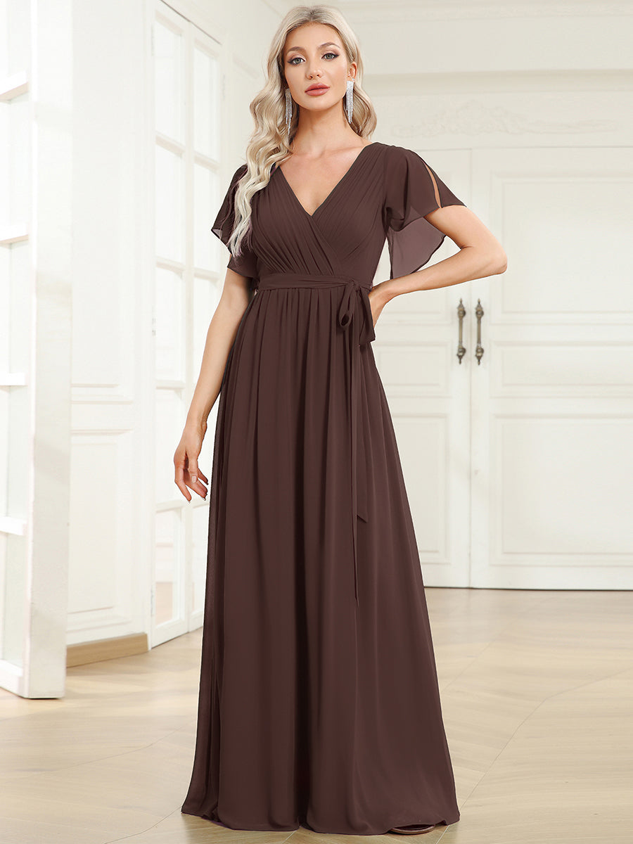 Color=Espresso | Volume Discounts Short Sleeve Ruffle Deep V-Neck A-Line Floor Length Evening Dresses-Espresso 21