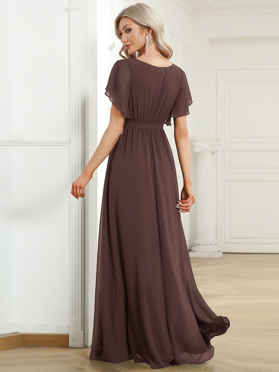 Color=Espresso | Volume Discounts Short Sleeve Ruffle Deep V-Neck A-Line Floor Length Evening Dresses-Espresso 22