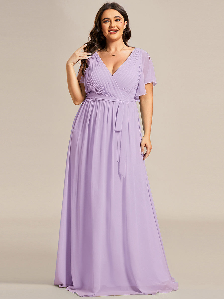 Color=Frosted Lilac | Volume Discounts Short Sleeve Ruffle Deep V-Neck A-Line Floor Length Evening Dresses-Frosted Lilac 70