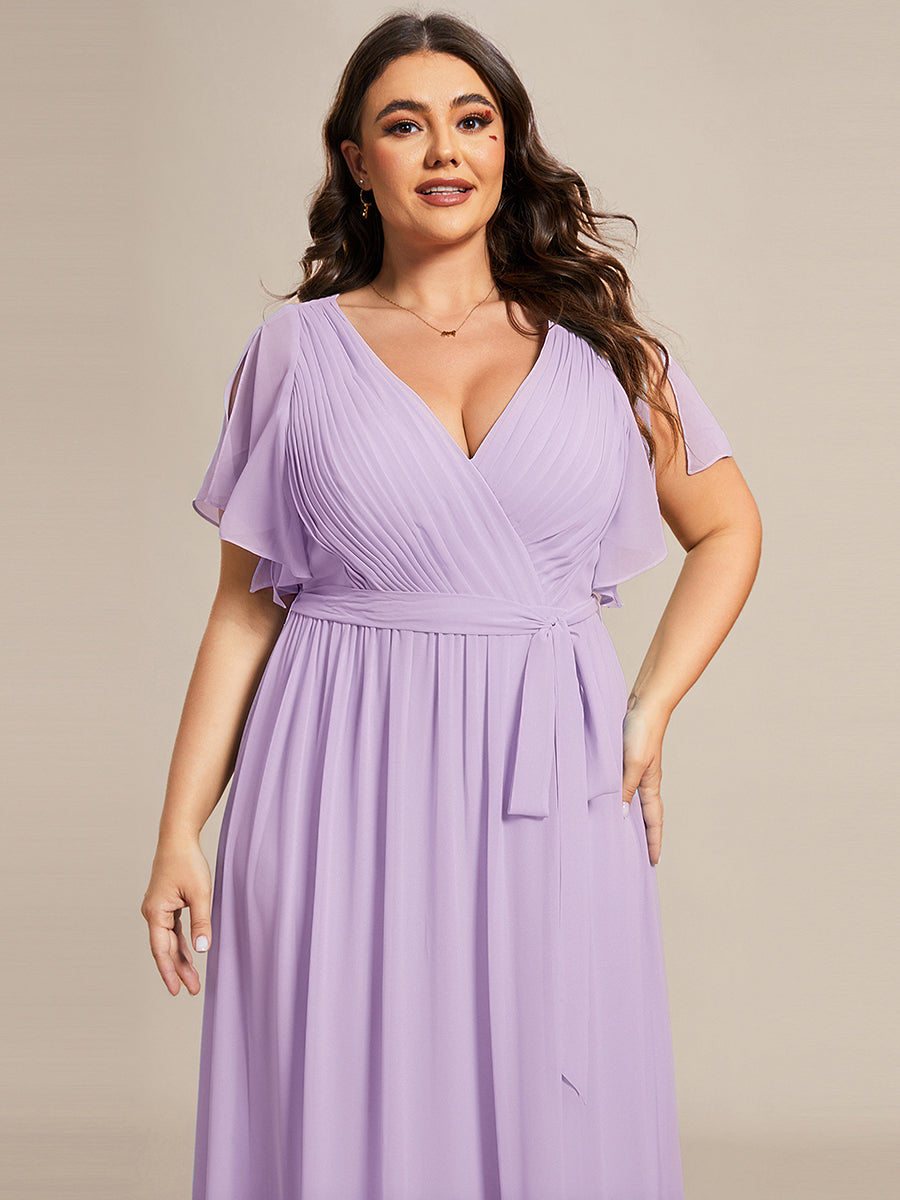 Color=Frosted Lilac | Volume Discounts Short Sleeve Ruffle Deep V-Neck A-Line Floor Length Evening Dresses-Frosted Lilac 68