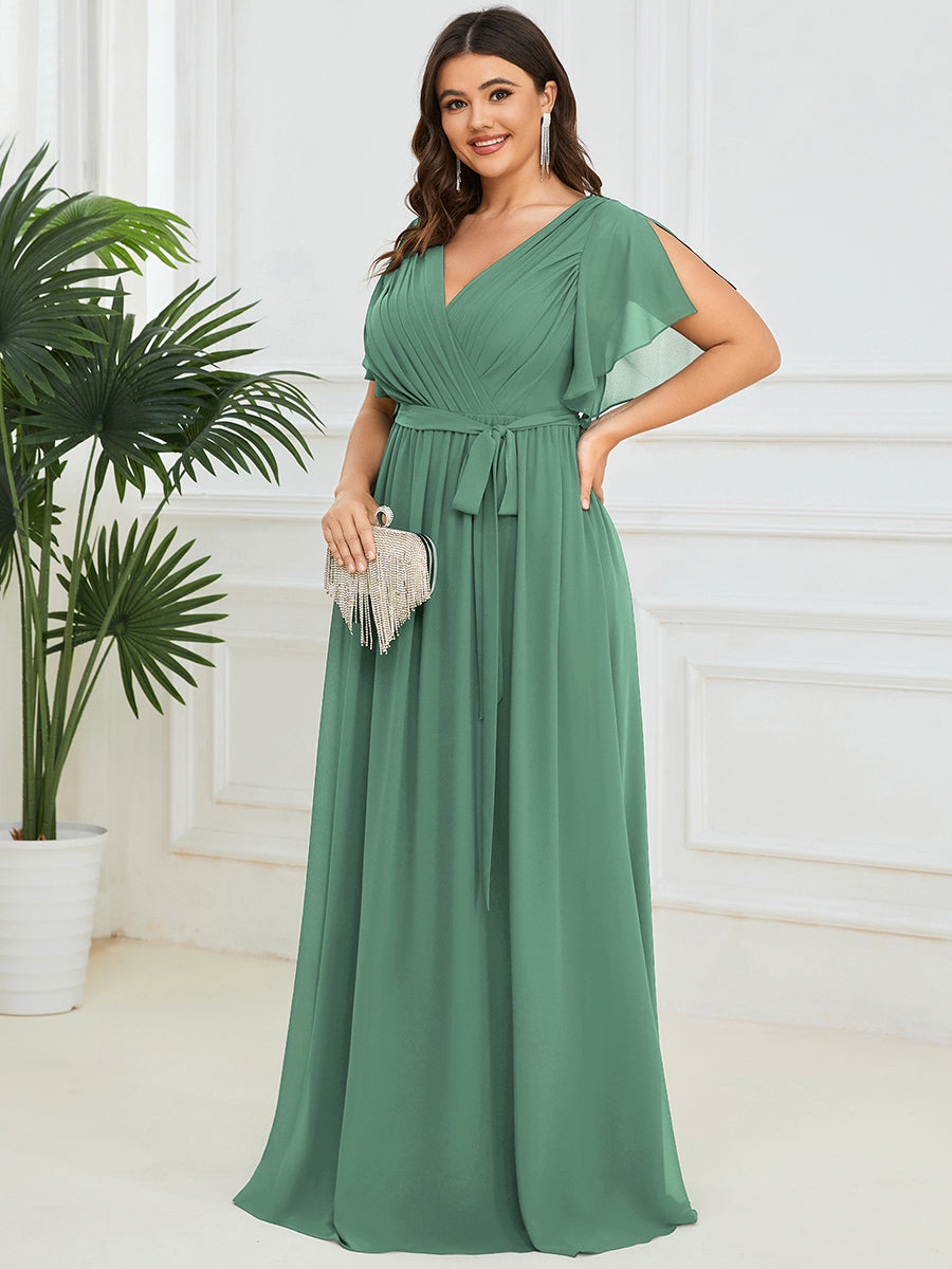 Color=Green Bean | Fast Delivery Short Sleeve Ruffle Deep V-Neck A-Line Floor Length Evening Dresses-Green Bean 9