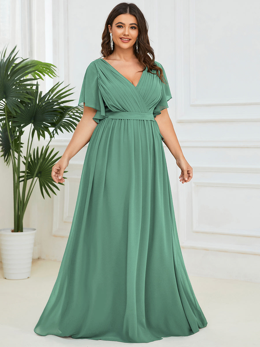 Color=Green Bean | Fast Delivery Short Sleeve Ruffle Deep V-Neck A-Line Floor Length Evening Dresses-Green Bean 10