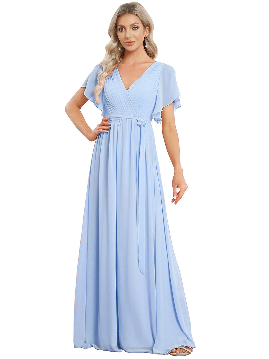 Color=Ice Blue | Bulk Order Short Sleeve Ruffle Deep V-Neck A-Line Floor Length Evening Dresses - Ice Blue 2