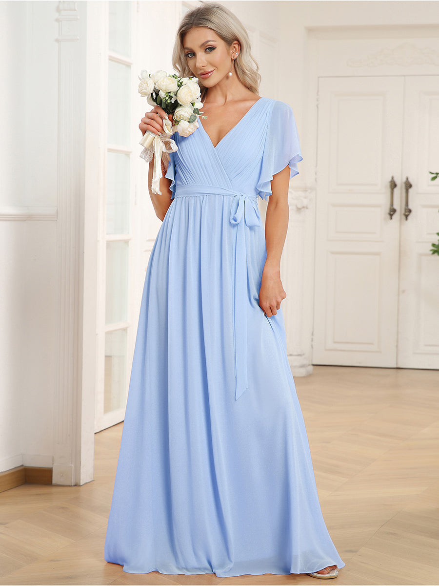Color=Ice Blue | Bulk Order Short Sleeve Ruffle Deep V-Neck A-Line Floor Length Evening Dresses - Ice Blue 4
