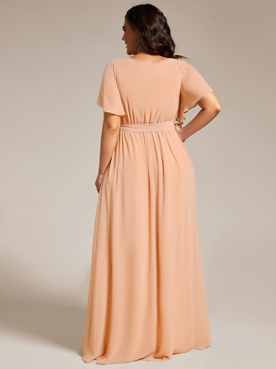 Color=Peach | Volume Discounts Short Sleeve Ruffle Deep V-Neck A-Line Floor Length Evening Dresses-Peach 57