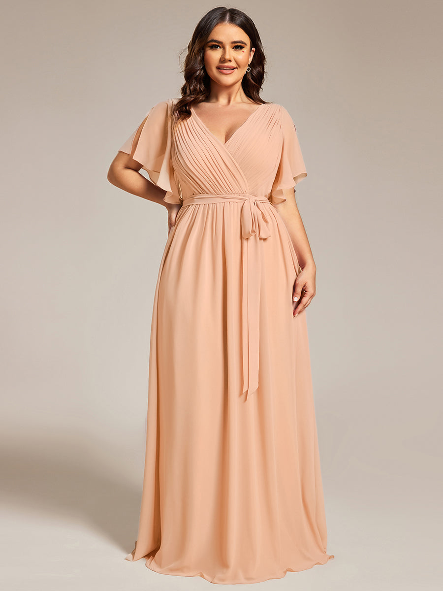 Color=Peach | Volume Discounts Short Sleeve Ruffle Deep V-Neck A-Line Floor Length Evening Dresses-Peach 59