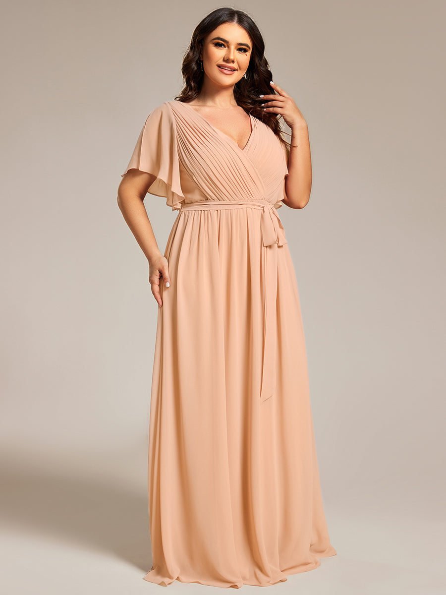 Color=Peach | Volume Discounts Short Sleeve Ruffle Deep V-Neck A-Line Floor Length Evening Dresses-Peach 60