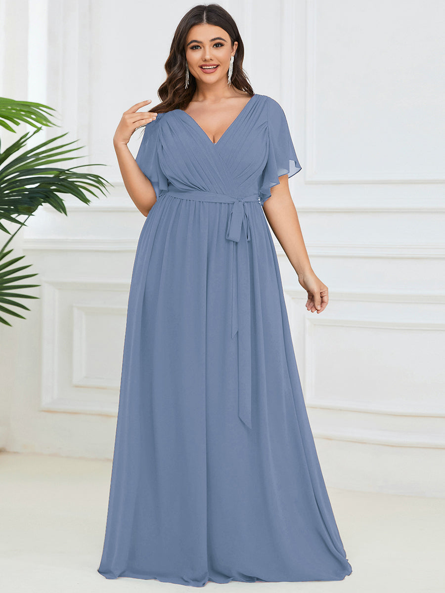 Elegant A-Line Floor-Length Evening Dress with Ruffle Short Sleeves