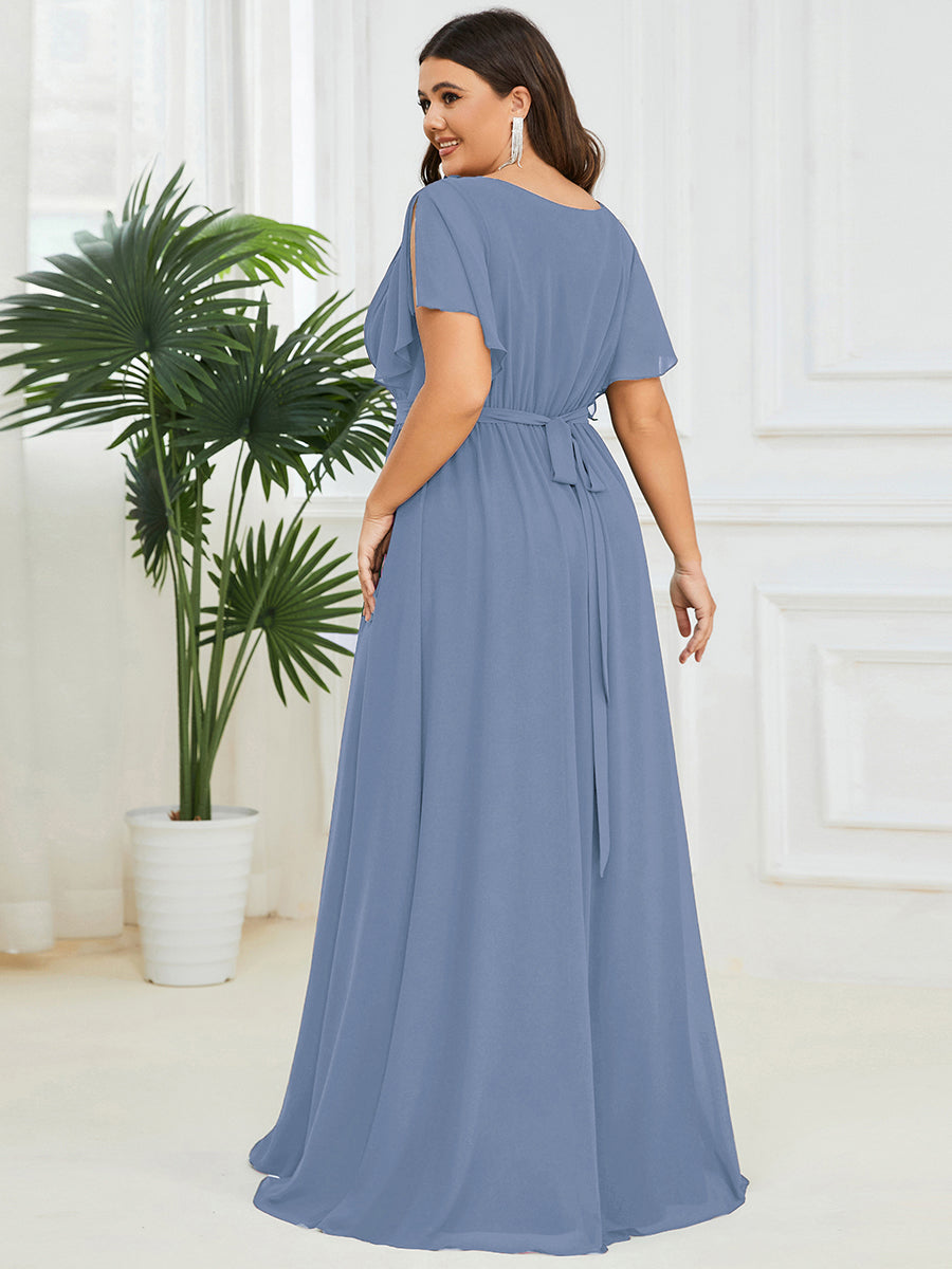 Elegant A-Line Floor-Length Evening Dress with Ruffle Short Sleeves