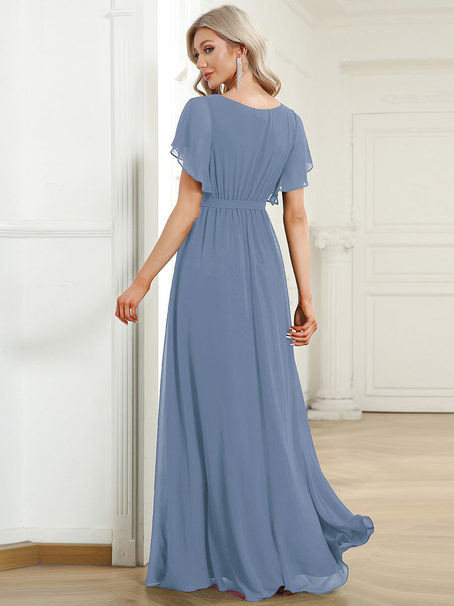 Elegant A-Line Floor-Length Evening Dress with Ruffle Short Sleeves