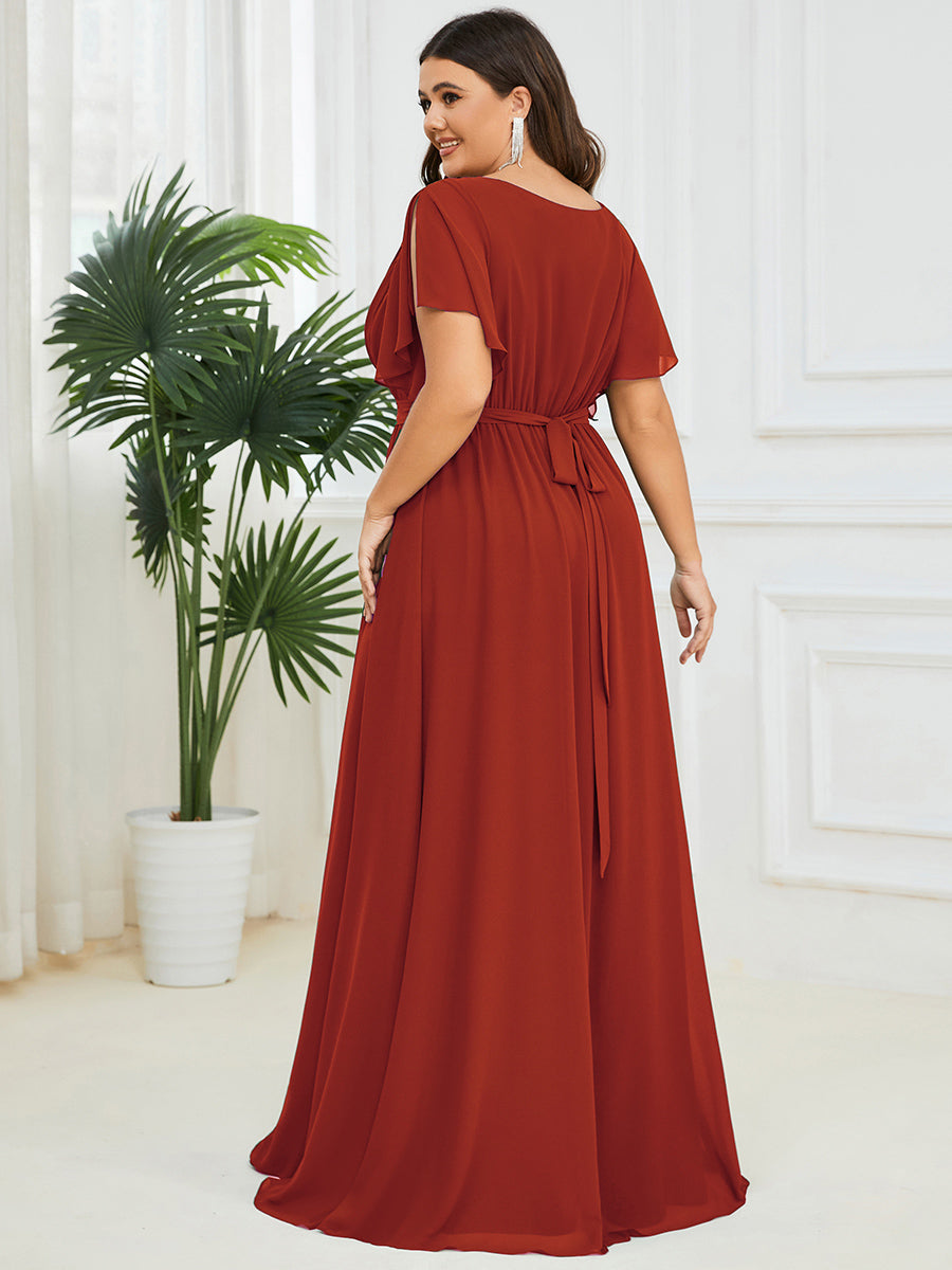 Color=Vermilion | Volume Discounts Short Sleeve Ruffle Deep V-Neck A-Line Floor Length Evening Dresses-Vermilion 37