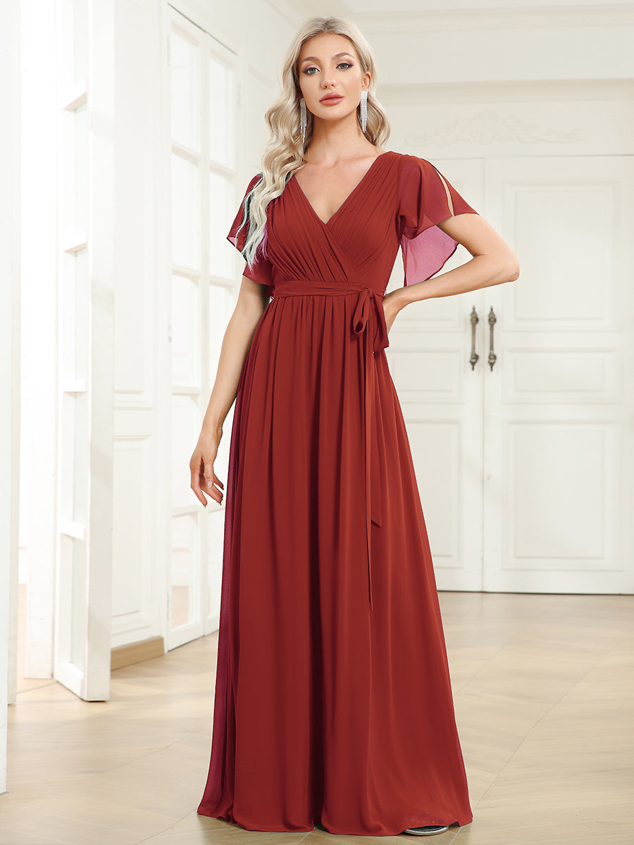 Color=Vermilion | Volume Discounts Short Sleeve Ruffle Deep V-Neck A-Line Floor Length Evening Dresses-Vermilion 31