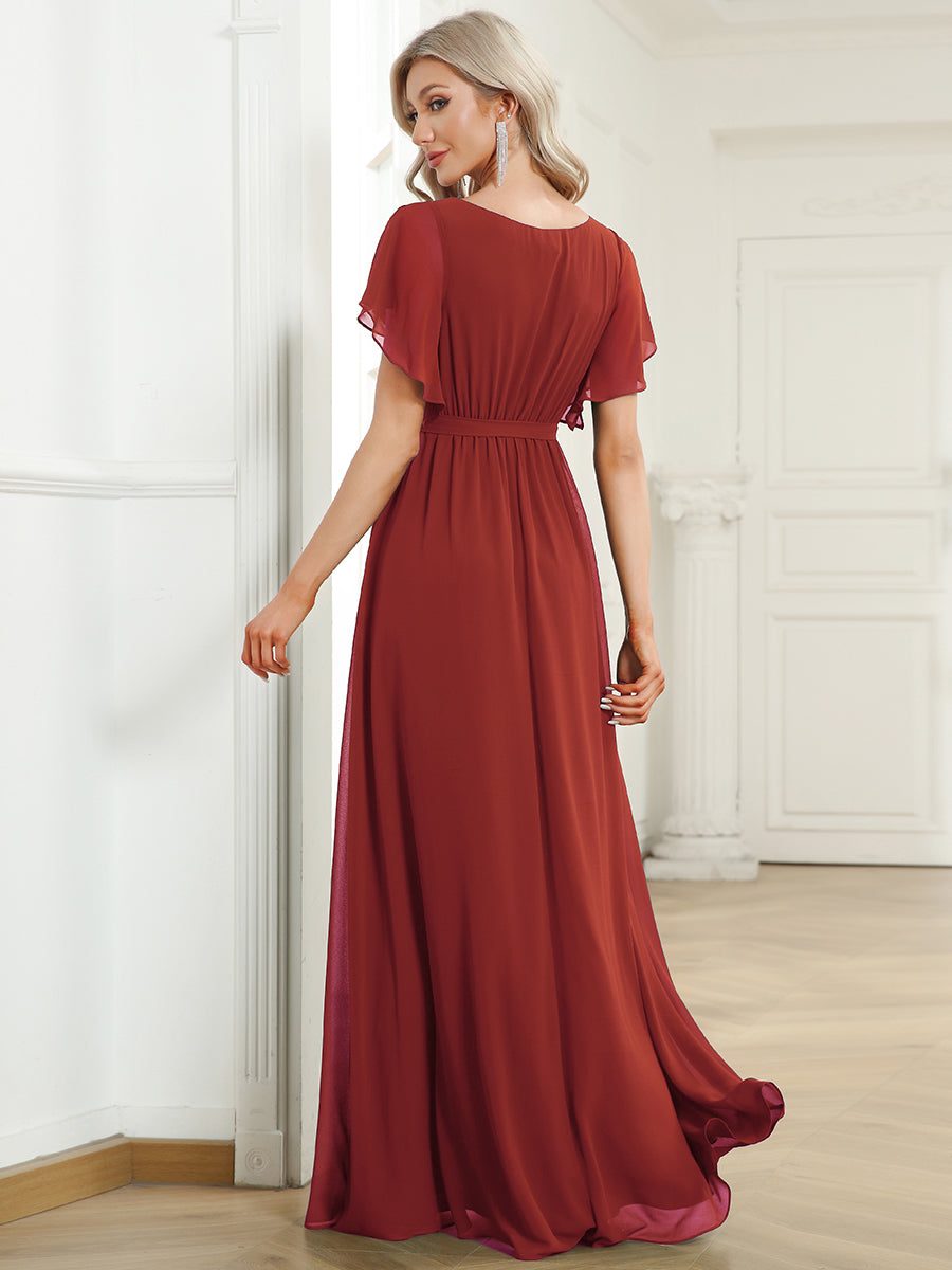 Color=Vermilion | Volume Discounts Short Sleeve Ruffle Deep V-Neck A-Line Floor Length Evening Dresses-Vermilion 32