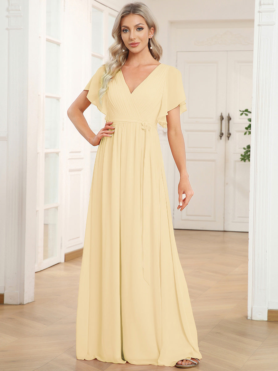 Color=Yellow | Volume Discounts Short Sleeve Ruffle Deep V-Neck A-Line Floor Length Evening Dresses-Yellow 41