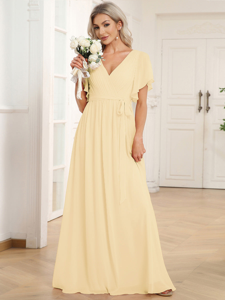 Color=Yellow | Volume Discounts Short Sleeve Ruffle Deep V-Neck A-Line Floor Length Evening Dresses-Yellow 44